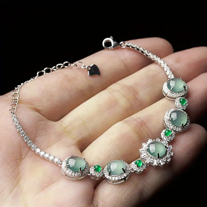 Silver inlaid natural jadeite A-grade ice jade ladies bracelet ladies fashion can be freely adjusted DIY bracelet to send test certificate gift box.