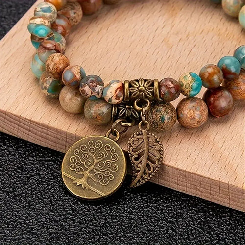 Beaded Bracelet Set Natural Semi Precious Gemstone Beaded Bracelet For Women, Tree Of Life And Leaf Charm Stretch Bracelets