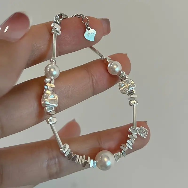 S925 Sterling Silver Square Beaded Bracelet with Faux Pearl - Timeless Glamour for Trendsetters - Hypoallergenic, Adjustable, Perfect Birthday & Christmas Gift for Her - Fashion-Forward Jewelry with Exquisite Craftsmanship