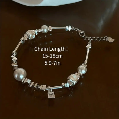 S925 Sterling Silver Square Beaded Bracelet with Faux Pearl - Timeless Glamour for Trendsetters - Hypoallergenic, Adjustable, Perfect Birthday & Christmas Gift for Her - Fashion-Forward Jewelry with Exquisite Craftsmanship