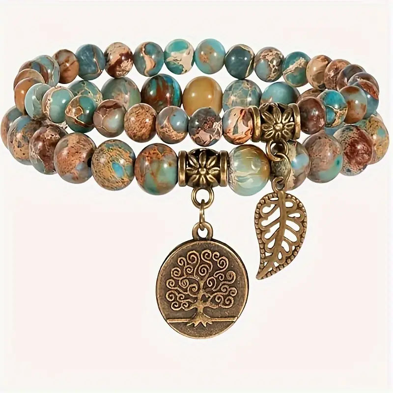 Beaded Bracelet Set Natural Semi Precious Gemstone Beaded Bracelet For Women, Tree Of Life And Leaf Charm Stretch Bracelets